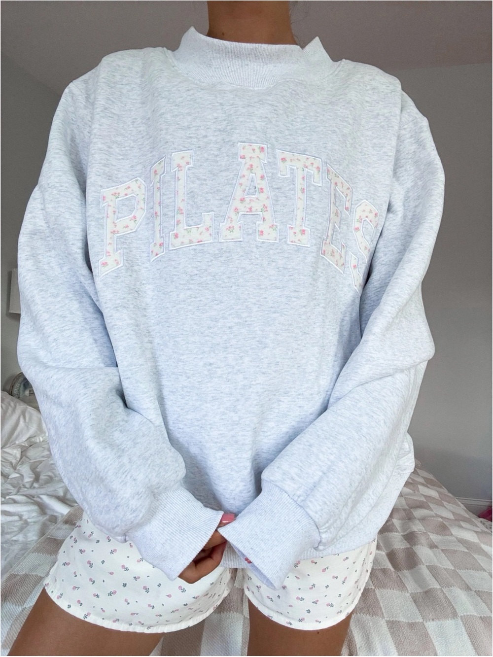 Pearl Grey Mockneck Pilates Embroider Sweatshirt